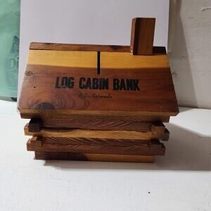 Vintage  Wooden Log Cabin Souvenir Piggy Bank w/Stopper-Rife, Colorado